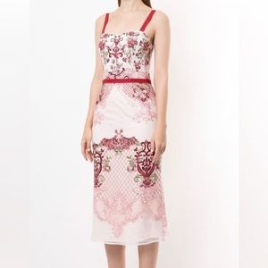 Marchesa Notte - Paneled Embroidered Corded Lace and Tulle Midi Dress - Red
